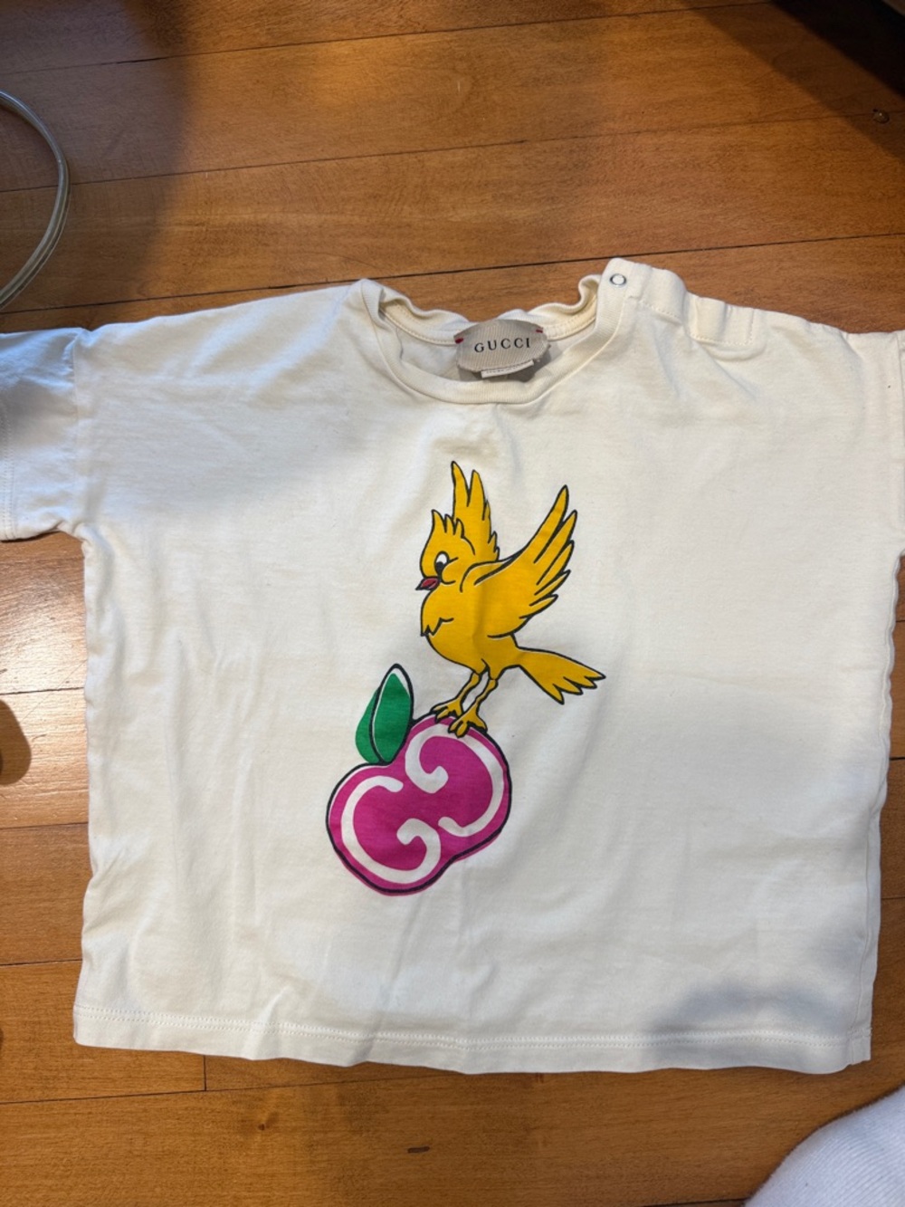 Gucci White Tee with Yellow Bird and Pink Fruit Motif